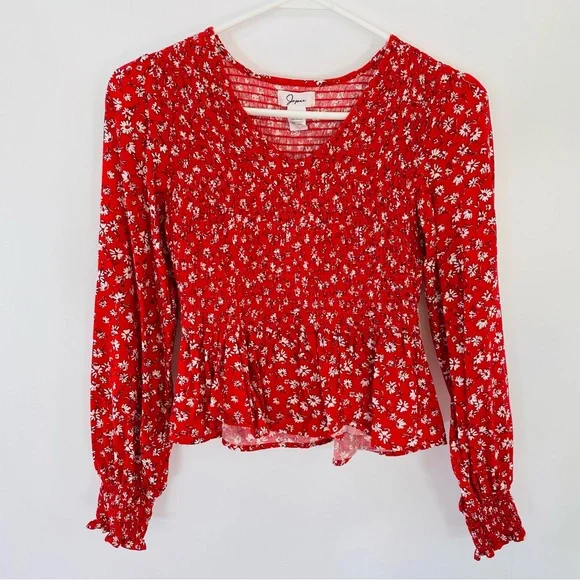 EUC Women Floral Shirred V Neck Crop Top Long Sleeve Red XS - Picture 2 of 8